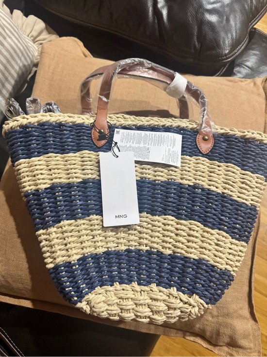 Mango Handbags - Mango Navy and Natural Straw Stripe Tote with Leather Handles